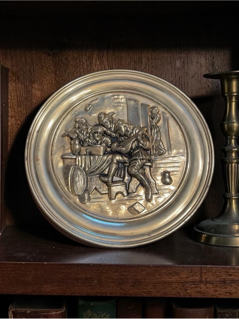 Vintage Brass Tavern Scene Wall Plaque 16” Old World Library Decor